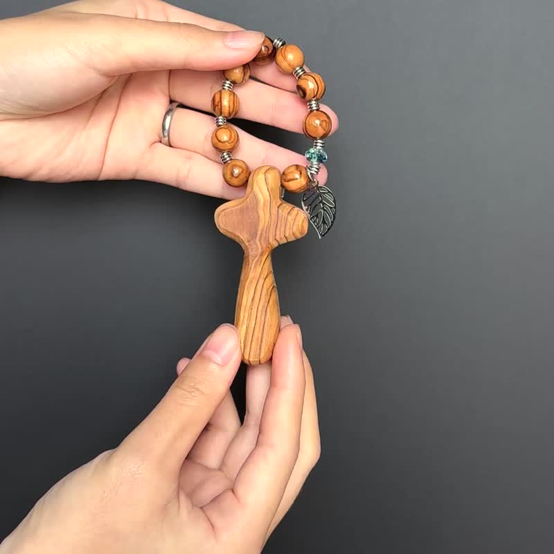 Car Decor,Universal Decor,Olive Wood Cross & 10mm Bead,Stainless steel palm leaf - พวงกุญแจ - ไม้ หลากหลายสี