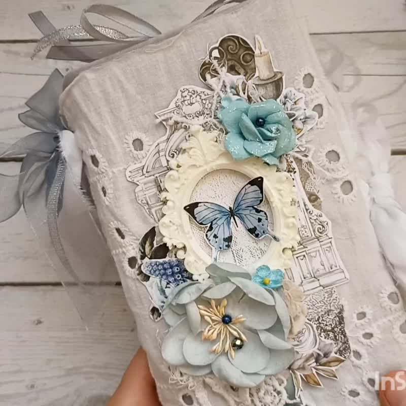 Lace junk journal handmade Blue butterfly notebook large floral flowers - 筆記本/手帳 - 紙 藍色