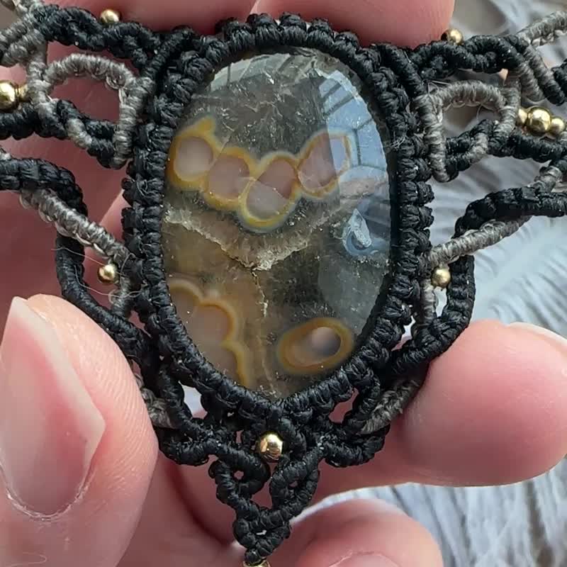 N1114 民族風蠟線編織 白鐵礦瑪瑙 銅珠 頸鏈 (可調長度) - 項鍊 - 寶石 咖啡色