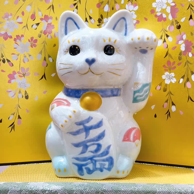 【瑞水耀両】日本清水燒招財貓 | 花結晶水白 - 千万両 特大 左 - 擺飾/家飾品 - 瓷 白色