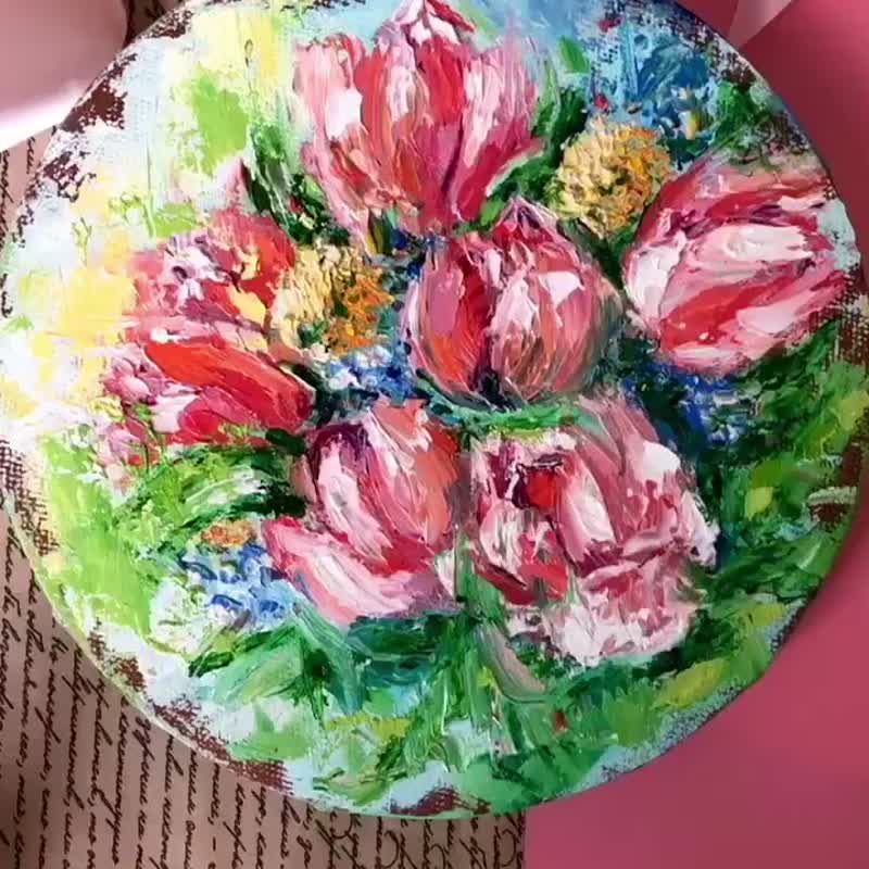 Tulips Flowers Bouquet Painting Wall Art Decor Oil Original Art - Posters - Other Materials Multicolor