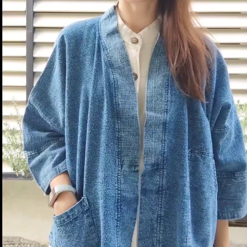 靛藍色浴衣石洗夾克 - 外套/大衣 - 棉．麻 藍色