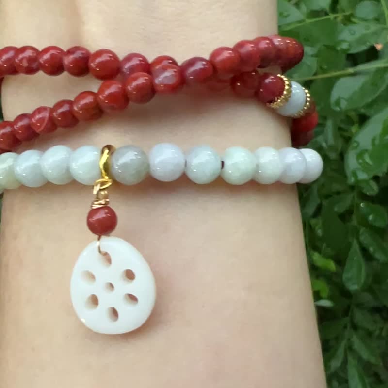 New Year Lucky Bracelet: Southern Red Agate/Myanmar Jade 108 three-circle beads with lotus root pendant with random buckle - Bracelets - Crystal Multicolor