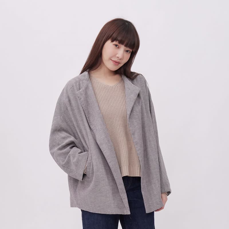 Donna Round Neck Wide Sleeve Jacket/ Gre - เสื้อแจ็คเก็ต - ผ้าฝ้าย/ผ้าลินิน สีเทา