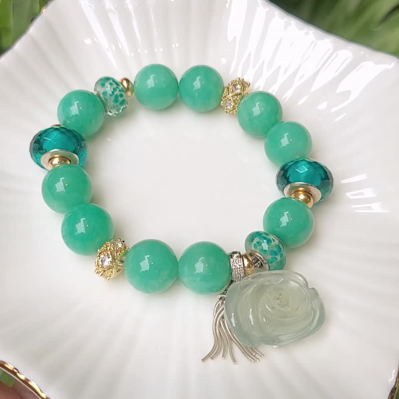 頂級石青綠天河石 藍葡萄石玫瑰 琉璃 幸運 智慧 手鍊 單品 禮物 - 手鍊/手環 - 寶石 綠色