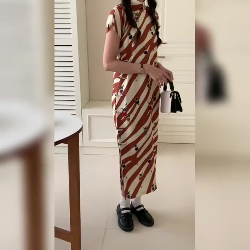 卡通兔子 可愛少女古法無腰省改良旗袍 曳地小個子少女國風洋裝 - 旗袍/改良式旗袍 - 其他人造纖維 咖啡色
