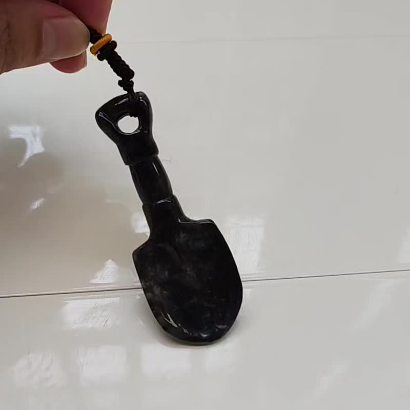 親翠 天然翡翠 烏雞特色鏟子潮黑調整式繩鏈 - 項鍊 - 玉石 黑色