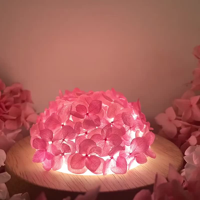 粉色繡球花手作夜燈 乾燥花氣氛燈 天然石 水晶擺飾 裝飾品 桌燈 - 燈具/燈飾 - 植物．花 粉紅色