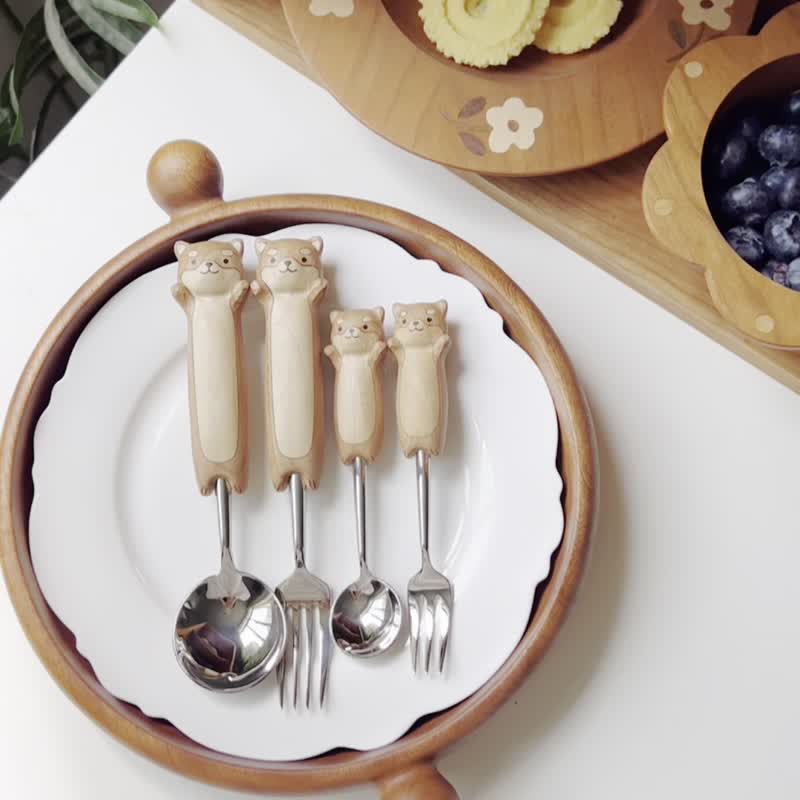 Meow stylish puppy Shiba Inu solid wood Stainless Steel spoon fork soup rice dessert spoon pasta steak fruit fork tableware - ช้อนส้อม - ไม้ สีส้ม