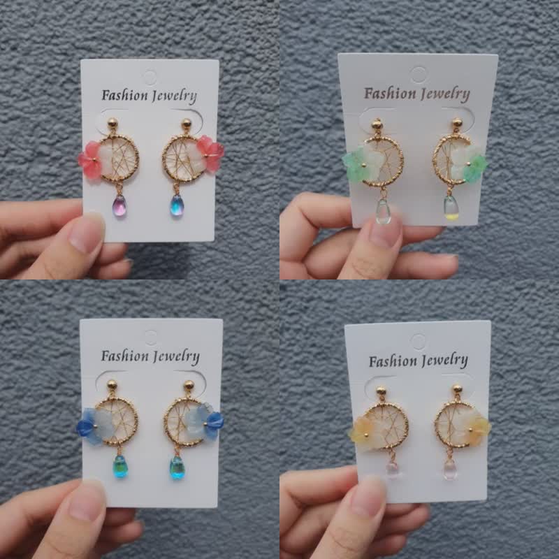 A total of 4 styles of 925 Silver earrings, ear pins , and Clip-On, Japanese flower dream catchers, water droplets, and glass - ต่างหู - กระจกลาย สีแดง