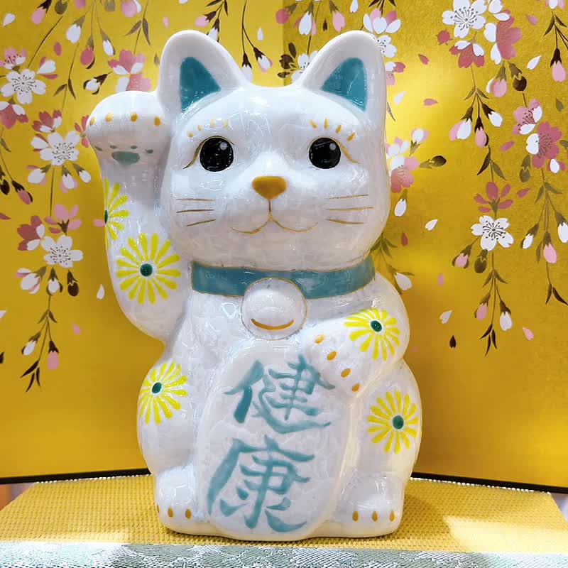 【皓晶康福】日本清水燒招財貓 | 花結晶白 - 健康 特大 右 - 擺飾/家飾品 - 瓷 白色