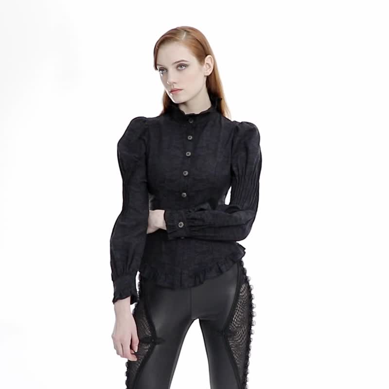 Gothic Warlock Ruffle Puff Sleeve Stand Collar Shirt - เสื้อเชิ้ตผู้หญิง - วัสดุอื่นๆ สีดำ