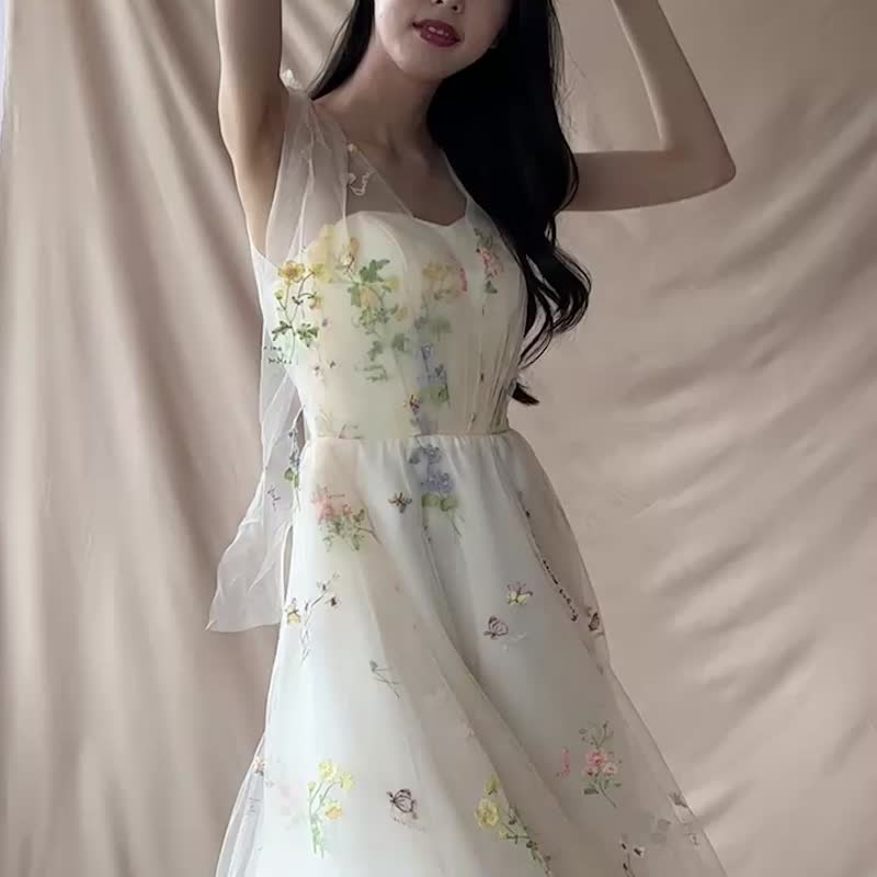 【Sample Sale】floral embroidery tulle tea length dress exclusively - ชุดราตรี - วัสดุอื่นๆ หลากหลายสี