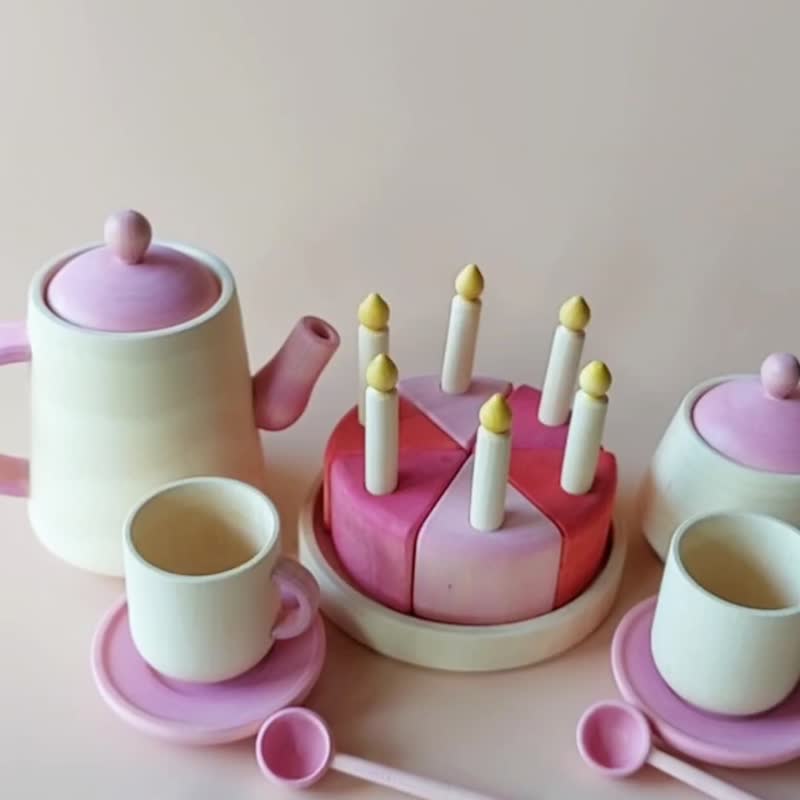 Wooden Tea and Cake Set Play Kitchen Toy - Kids' Toys - Wood Pink
