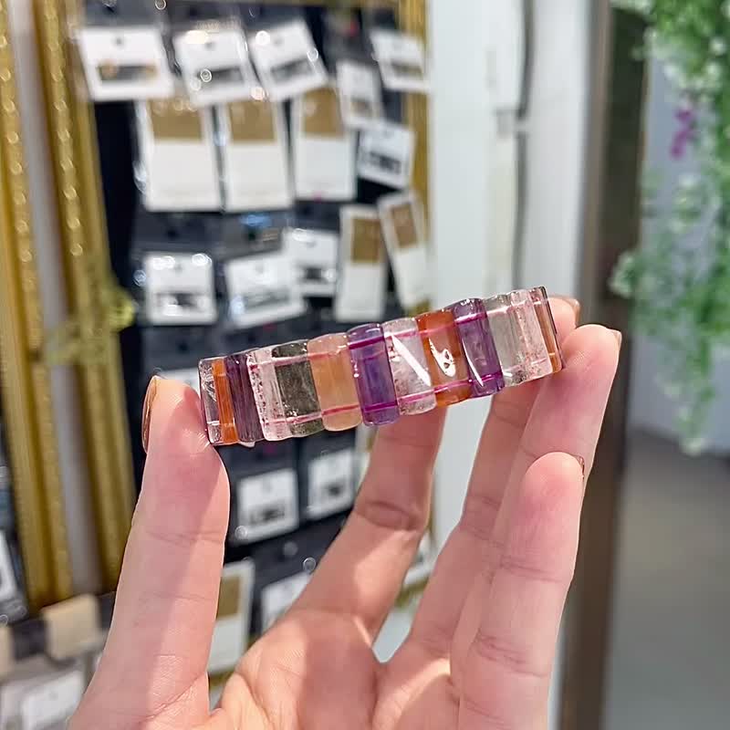 天然高品玻璃多寶15mm手排紅兔毛綠幽靈紅幽靈紫水晶金草莓極光23 - 手鍊/手環 - 水晶 多色