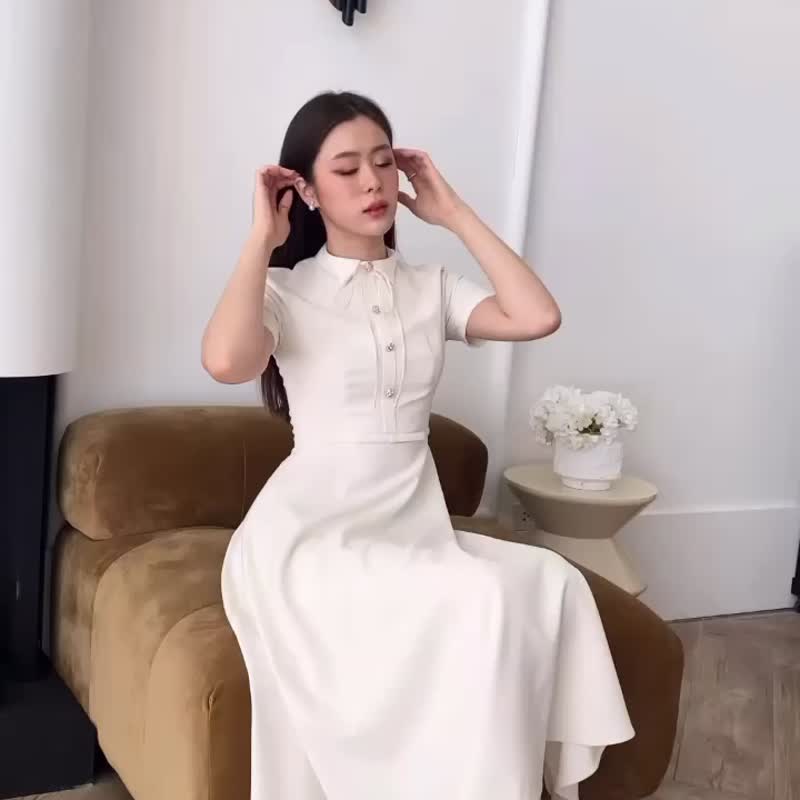 CAPHENY Ivory dress with a bow tie (Cocktail dress, party dress, evening dress) - 連身裙 - 聚酯纖維 金色