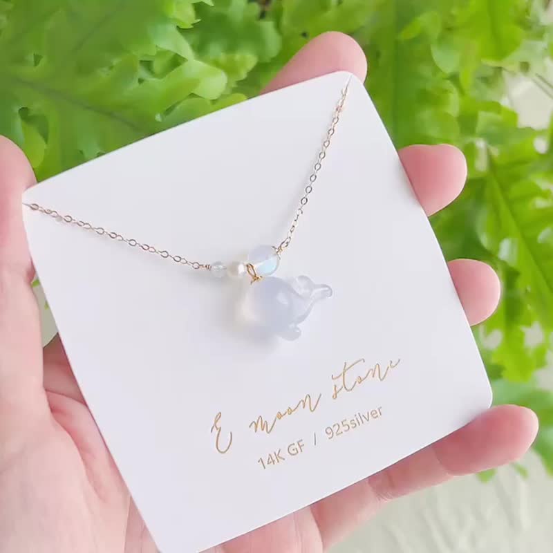 蔚藍大海 天然瑪瑙石奶藍小鯨魚 月光石泡泡珍珠項鍊 - 項鍊 - 玉石 藍色