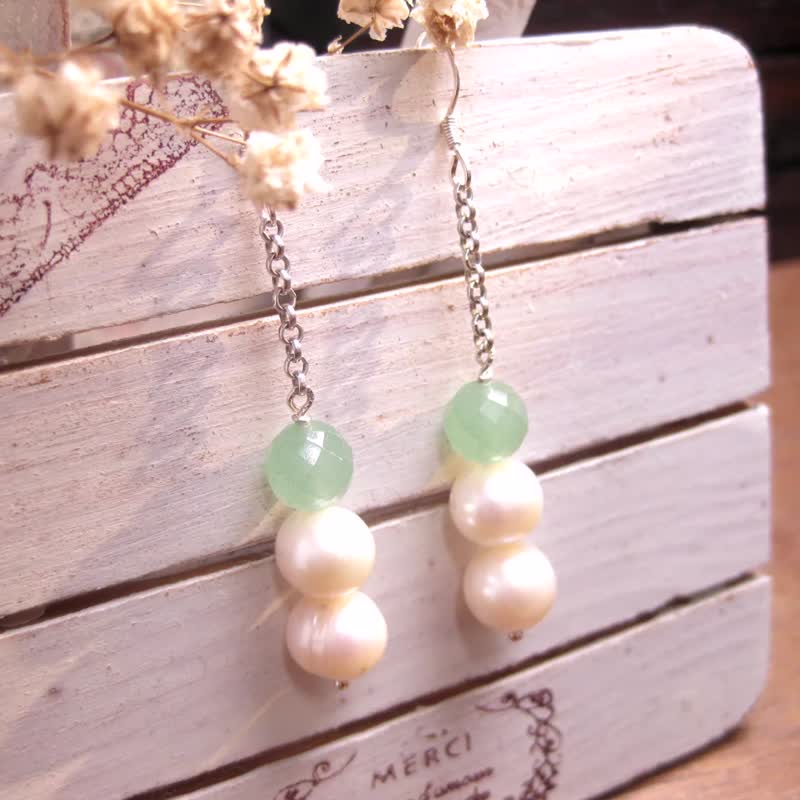 Christmas gift box | Sterling silver design earrings agate+pearl+925 Silver(ear hook) - ต่างหู - หยก สีเขียว