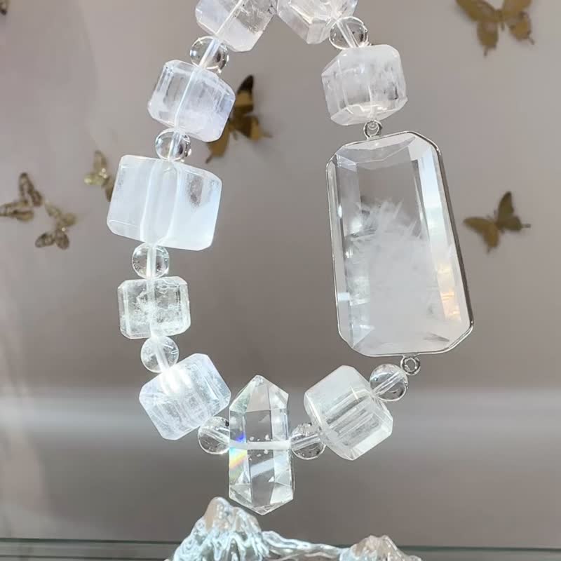 Natural Angel Blue Needle Sugar Cube White Rabbit Hair Crystal Lemurian Exclusive Design Main Healing, Purifying and Eliminating Negatives - Bracelets - Crystal White