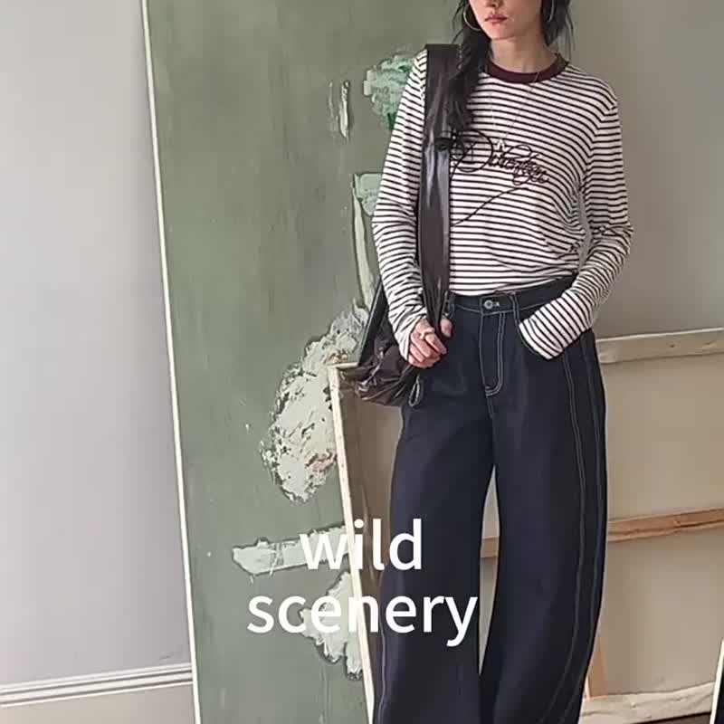 藏青色 她力量 法式復古牛仔彎刀褲 丹寧顯瘦修飾腿型牛仔褲 - 女長褲 - 棉．麻 藍色