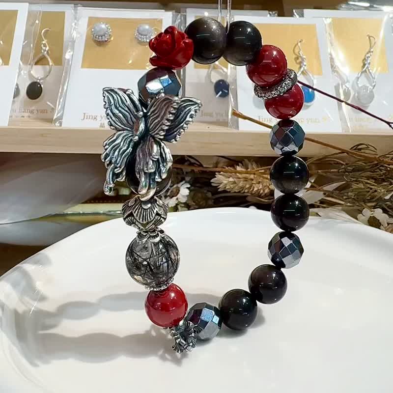 Papilio Rose Imperial Cinnabar Silver Obsidian Punk Cool Style Exclusive Design to ward off evil spirits and ward off evil spirits, a must-have for the seventh lunar month - Bracelets - Semi-Precious Stones Red