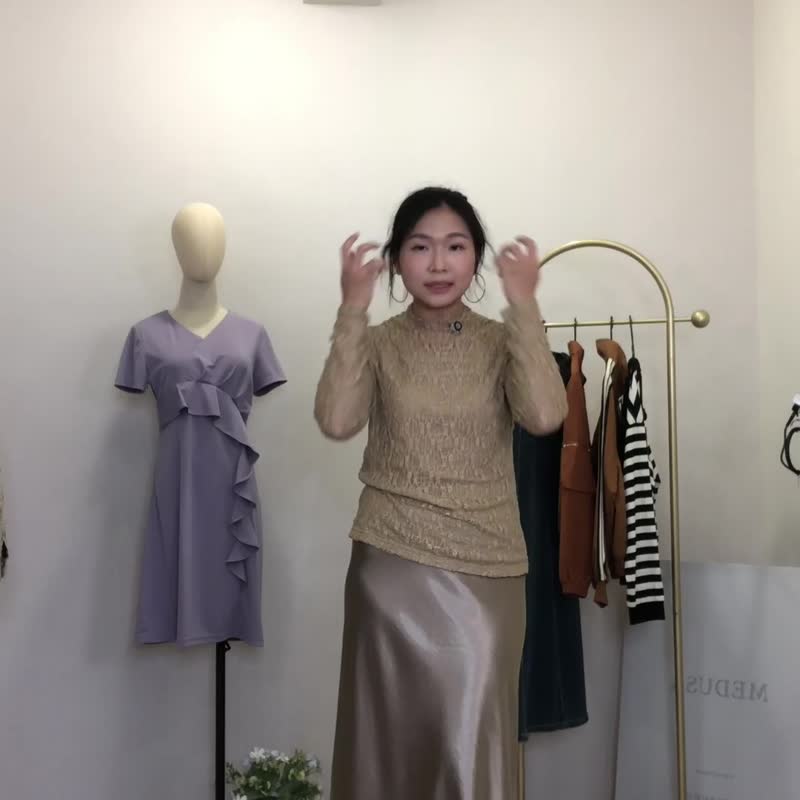 【MEDUSA】スターリーハイネック立体レースインナーブラウス - 3色(M-XL) | ハイネックブラウス - トップス - ナイロン カーキ