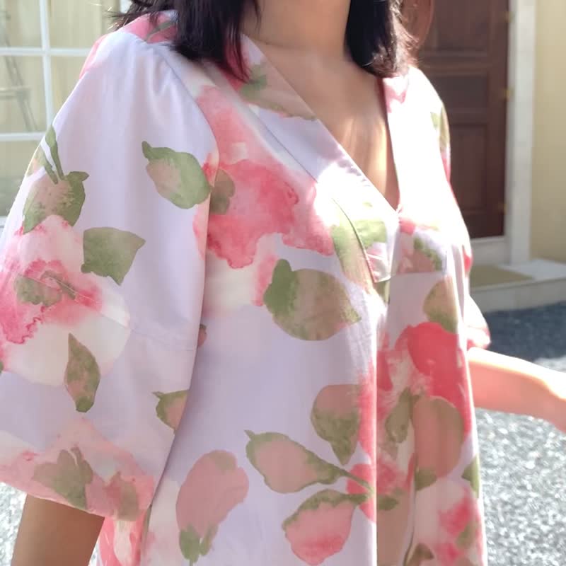 BIRUCHU Vintage Rosé A-Line Dress - V Neck (Japanese Cotton) - 洋裝/連身裙 - 棉．麻 粉紅色