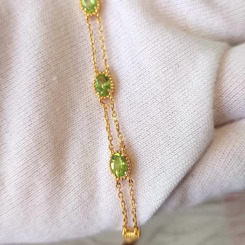 Natural Peridot Bracelet Sterling Silver 925 With Gold Plated. - Bracelets - Sterling Silver Green