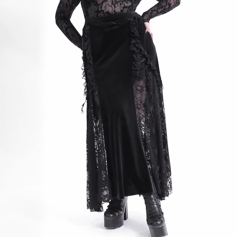 [Large Size] Gothic Night Goddess patchwork patchwork skirt/long front and short back design - กระโปรง - วัสดุอื่นๆ สีดำ