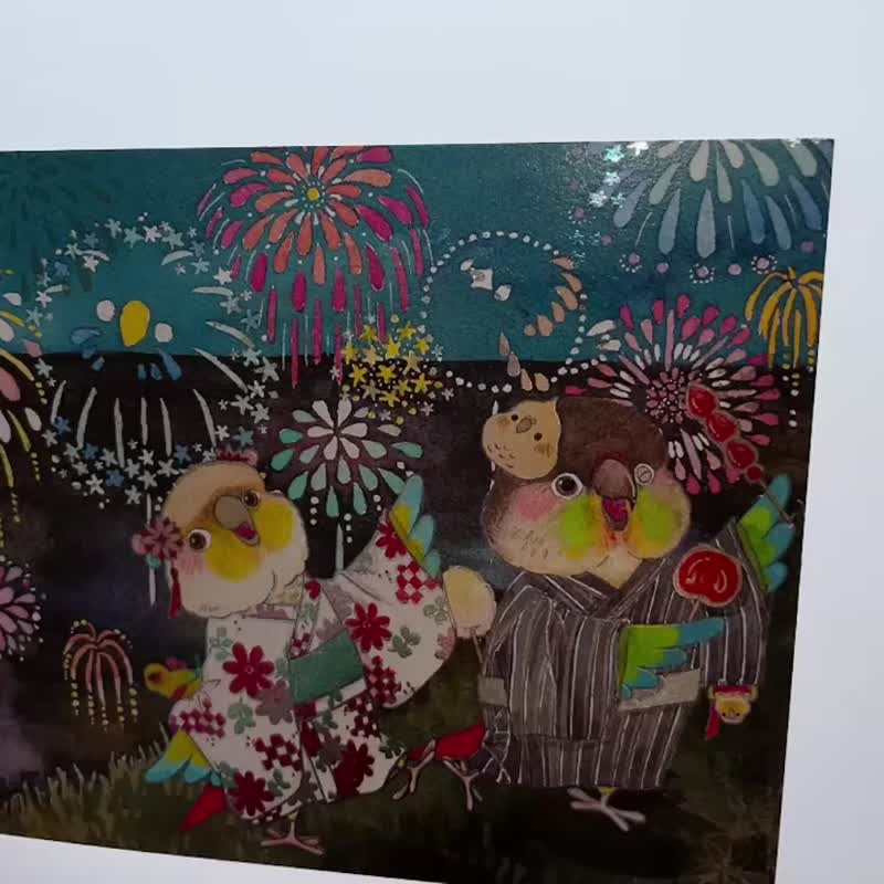 Rolia's Handmade [Digital Silver] Summer Fireworks Yukata Festival/Parrot/Bird Postcard - การ์ด/โปสการ์ด - กระดาษ หลากหลายสี