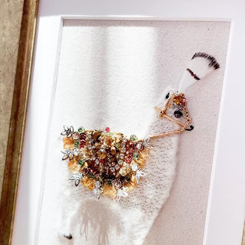 【Alpaca】羊駝 | 羊毛 礦石 立體刺繡畫|附包裝 - 相框/畫框 - 羊毛 白色