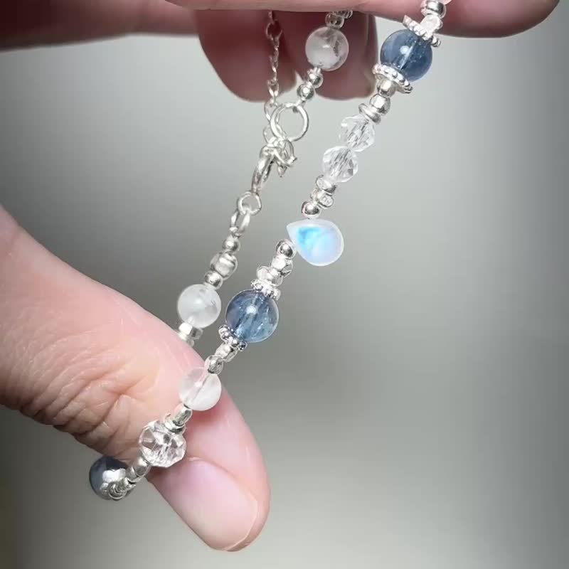 Cloud Walk - Raw Aquamarine, Blue Lace Agate, Moonstone - Sterling Silver Design Bracelet - Bracelets - Crystal Blue
