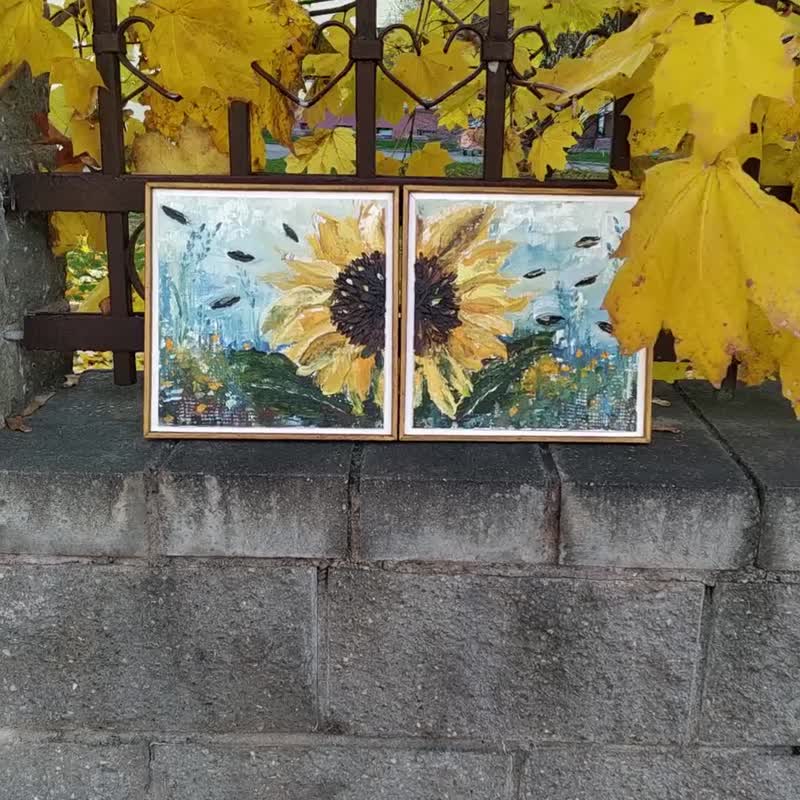 Diptych Sunflowers. Yellow flowers, Oil painting on canvas. Home decor, gift - 壁貼/牆壁裝飾 - 其他材質 多色