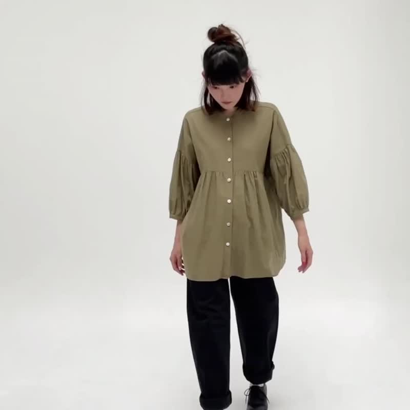 3/4 Sleeve Mandarin Collar Shirt - Olive Green - 女襯衫 - 亞麻 綠色