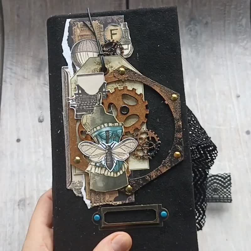 Steampunk junk journal Vintage mechanical notebook Romantic diary handmade - สมุดบันทึก/สมุดปฏิทิน - กระดาษ สีดำ