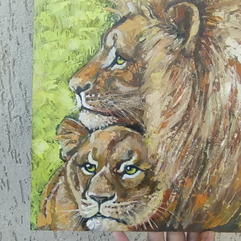 Lions Painting Original Art Lion and lioness Oil Panel 25 by 25 Animals Artwork - Posters - Other Materials Orange