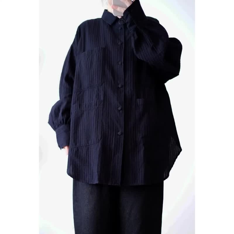 墨黑立體長袖襯衫 - 女襯衫 - 棉．麻 黑色