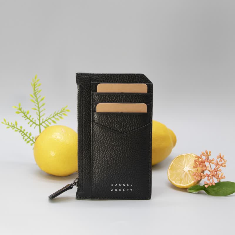 Nicky Leather Card Case with Zip Pocket - All Black - Card Holders & Cases - Genuine Leather Black