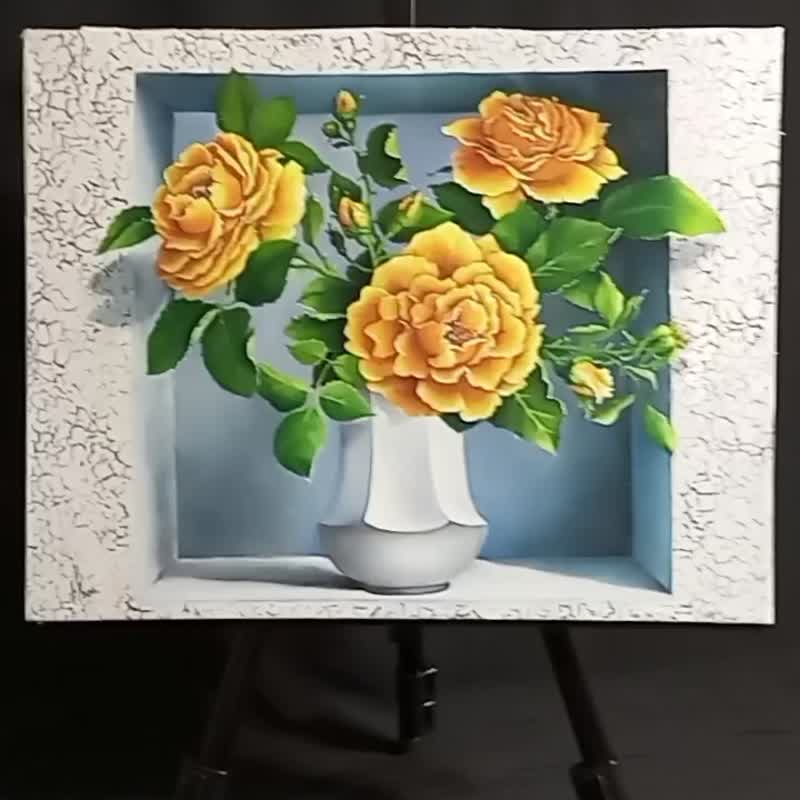 Still Life painting with Roses.,Oil painting.,Size 40cm x 50cm oil on canvas., - โปสเตอร์ - วัสดุอื่นๆ สีเหลือง