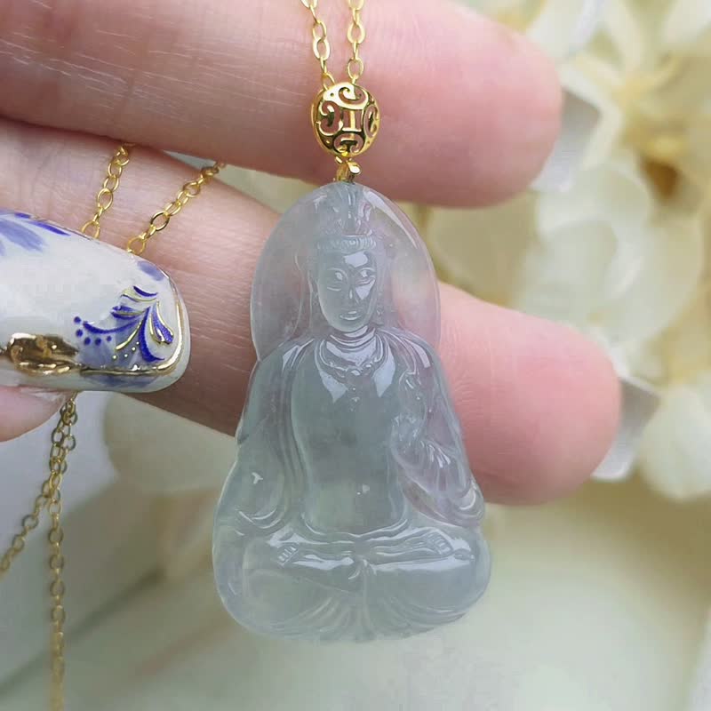 招財•吉祥•平安|純18k金冰膠天空藍翡觀音|緬甸A貨翡翠吊墜 - 項鍊 - 玉石 