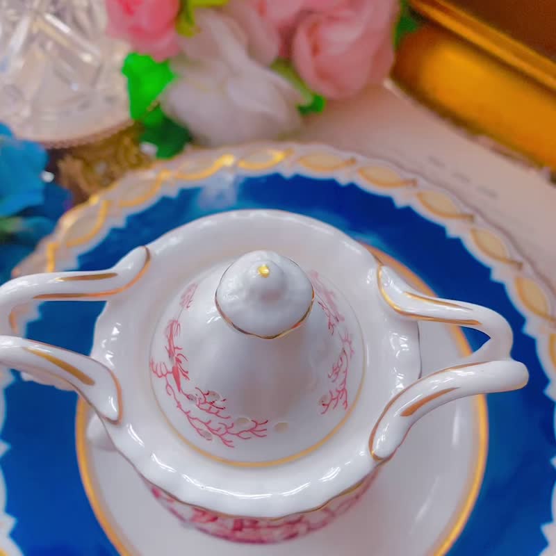 英國製Coalport 鈷紅手繪喜鵲圖騰芳香罐儲物罐庫存品 - 香氛蠟燭/燭台 - 瓷 紅色