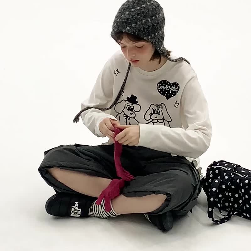 odd maker小狗跳舞花邊打底長袖T恤 - 女上衣/長袖上衣 - 棉．麻 