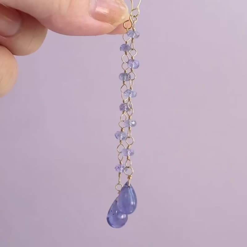 Tanzanite high quality long earrings, earrings , Clip-On charms - ต่างหู - หิน สีน้ำเงิน