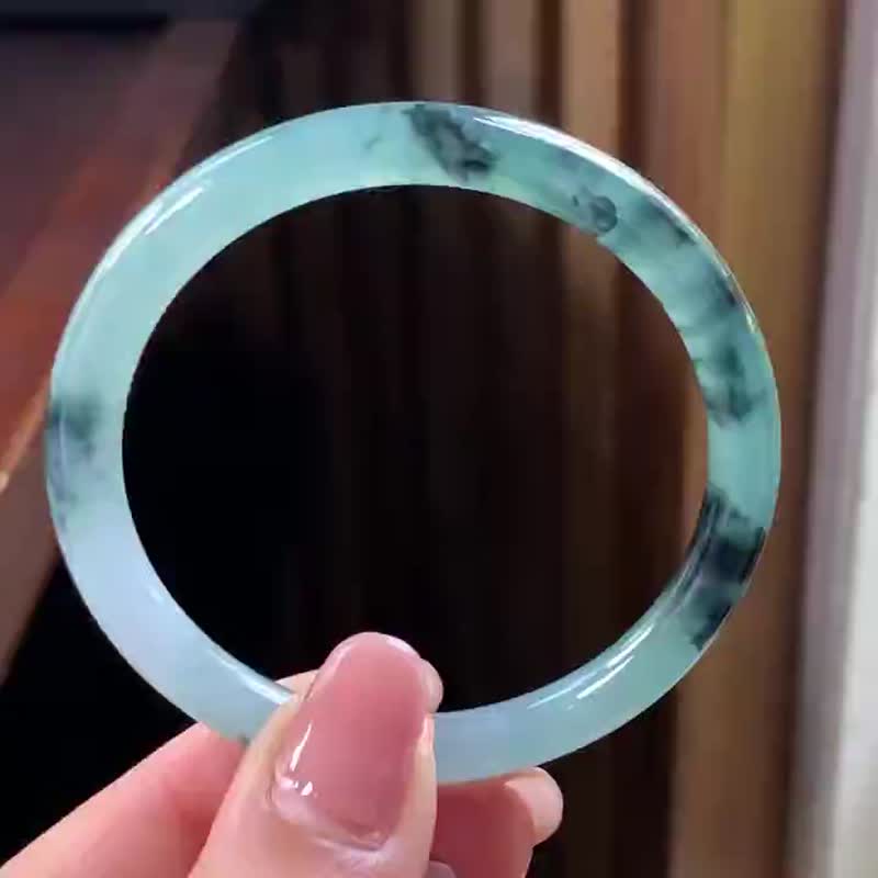 冰種翡翠天然翡翠玉鐲 A玉手鐲 玉鈪 • 冰種水墨丹青翡翠圓鐲 - 手鍊/手環 - 玉石 藍色