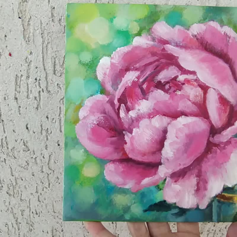 Pink peony Painting Flower Original oil painting floral 20 by 20 cm by azaart - โปสเตอร์ - วัสดุอื่นๆ สึชมพู