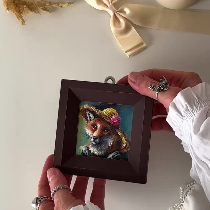 Original mini painting Fox with frame, Fox hanging, Fox wall decor, Vintage art - 擺飾/家飾品 - 壓克力 咖啡色