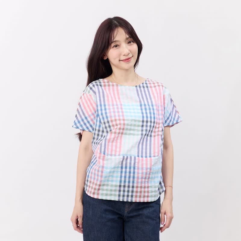 DDebbie 方型小蓋袖拼接棉質上衣/彩格紋 - 女上衣/長袖上衣 - 棉．麻 多色