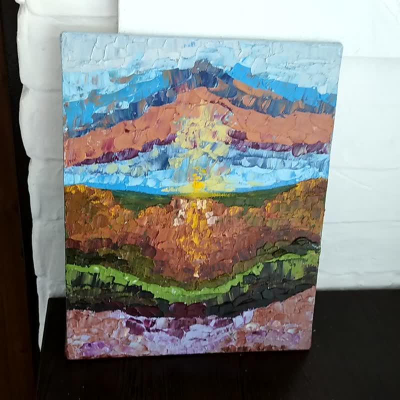 Oil Painting Mountain Landscape Wall Art Abstract Original Art Morning Dawn - 海報/掛畫/掛布 - 其他材質 多色