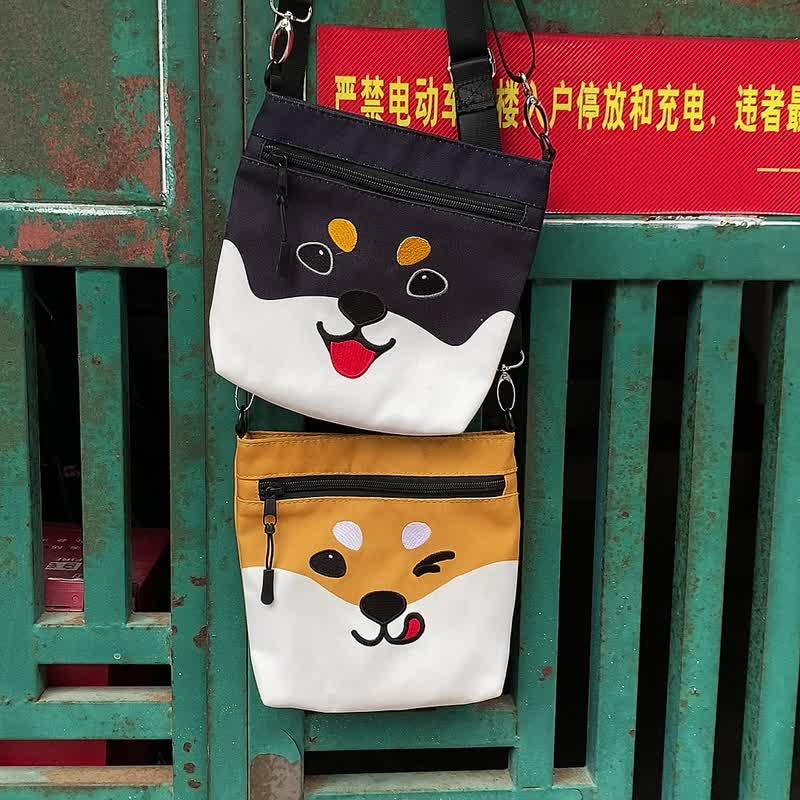 Canned food design cute tongue smiling Shiba Inu square small chest bag Huang Chai Hei Chai messenger bag hand-carry canvas bag - Messenger Bags & Sling Bags - Other Materials Orange