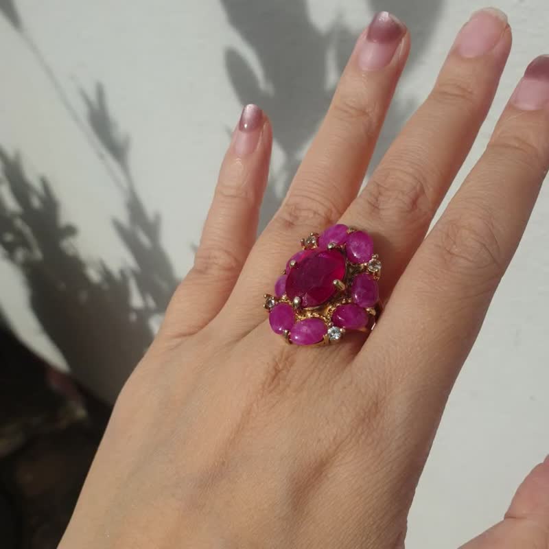 Ruby with White topaz ring, silver pink gold plated. - 戒指 - 寶石 紅色